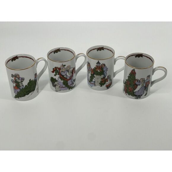 Vintage Fitz & Floyd Deck the Halls 1983 Coffee Cups Mugs Christmas set of 4 - Picture 1 of 8